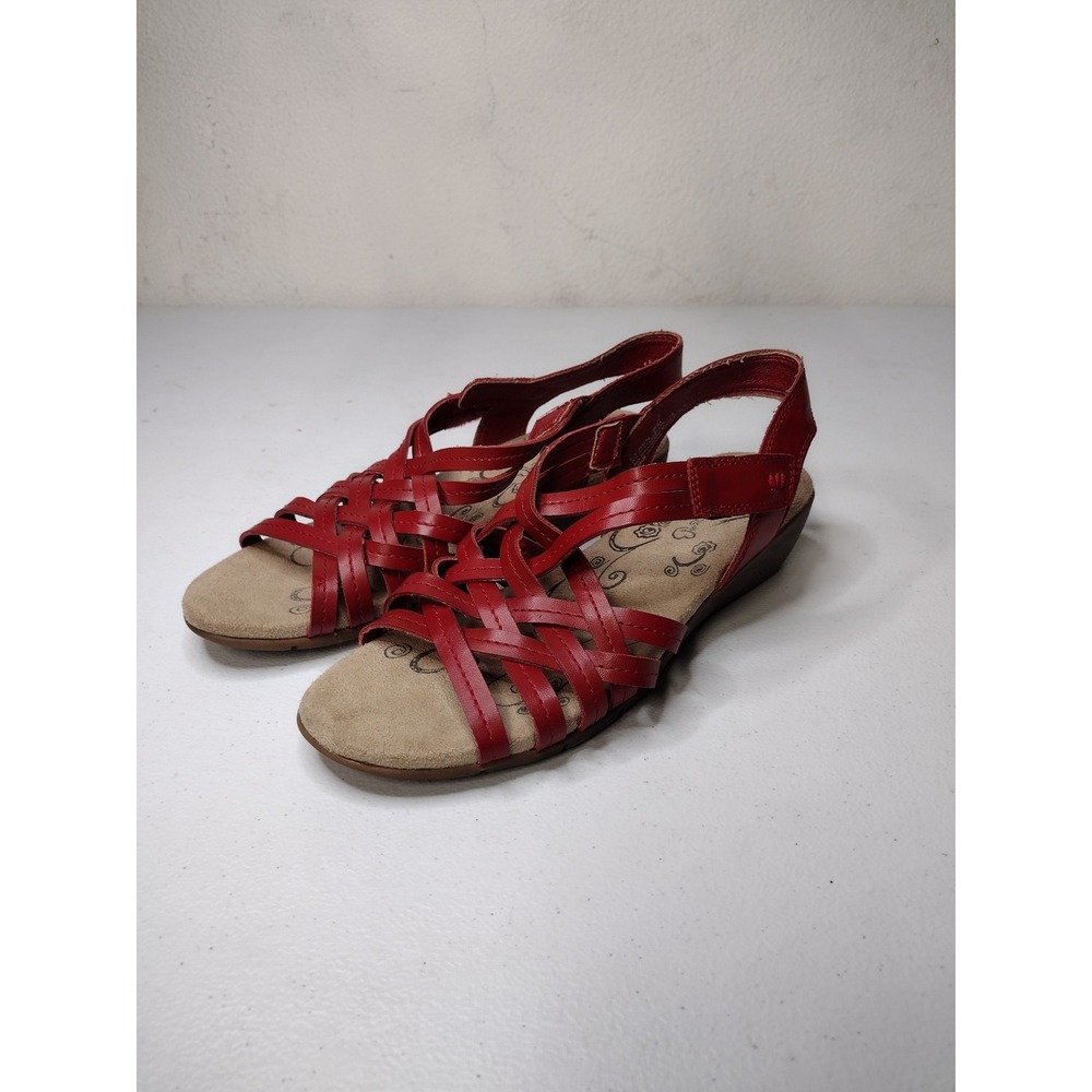 Baretraps Fairen Red Strappy Wedge Sandals Womens 7M Low Heel Hook Loop